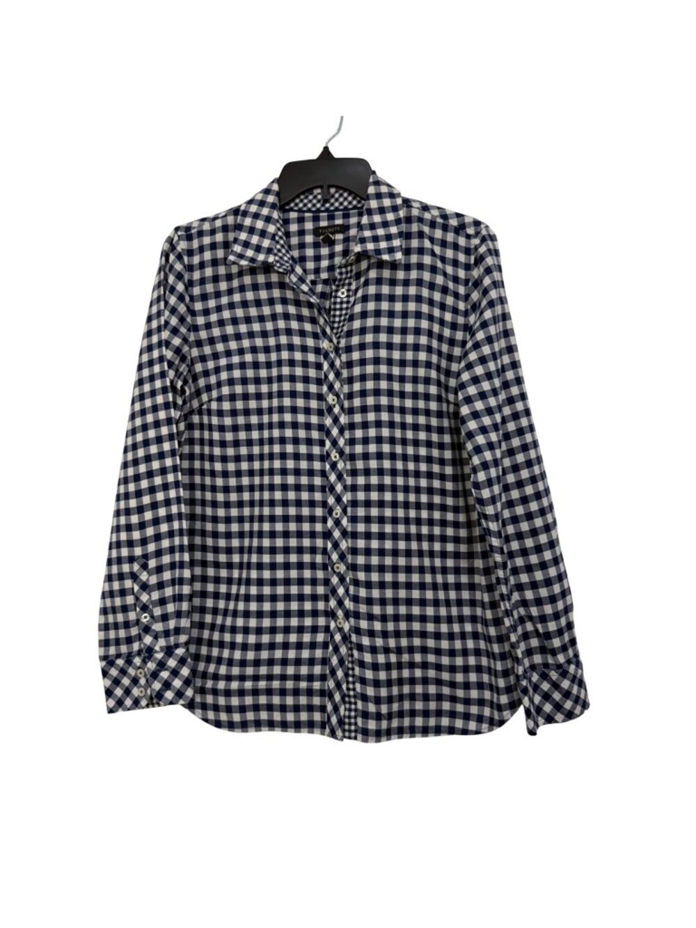 Talbots Women Size Small Navy & White Gingham Button-Up Shirt Blouse 100% Cotton